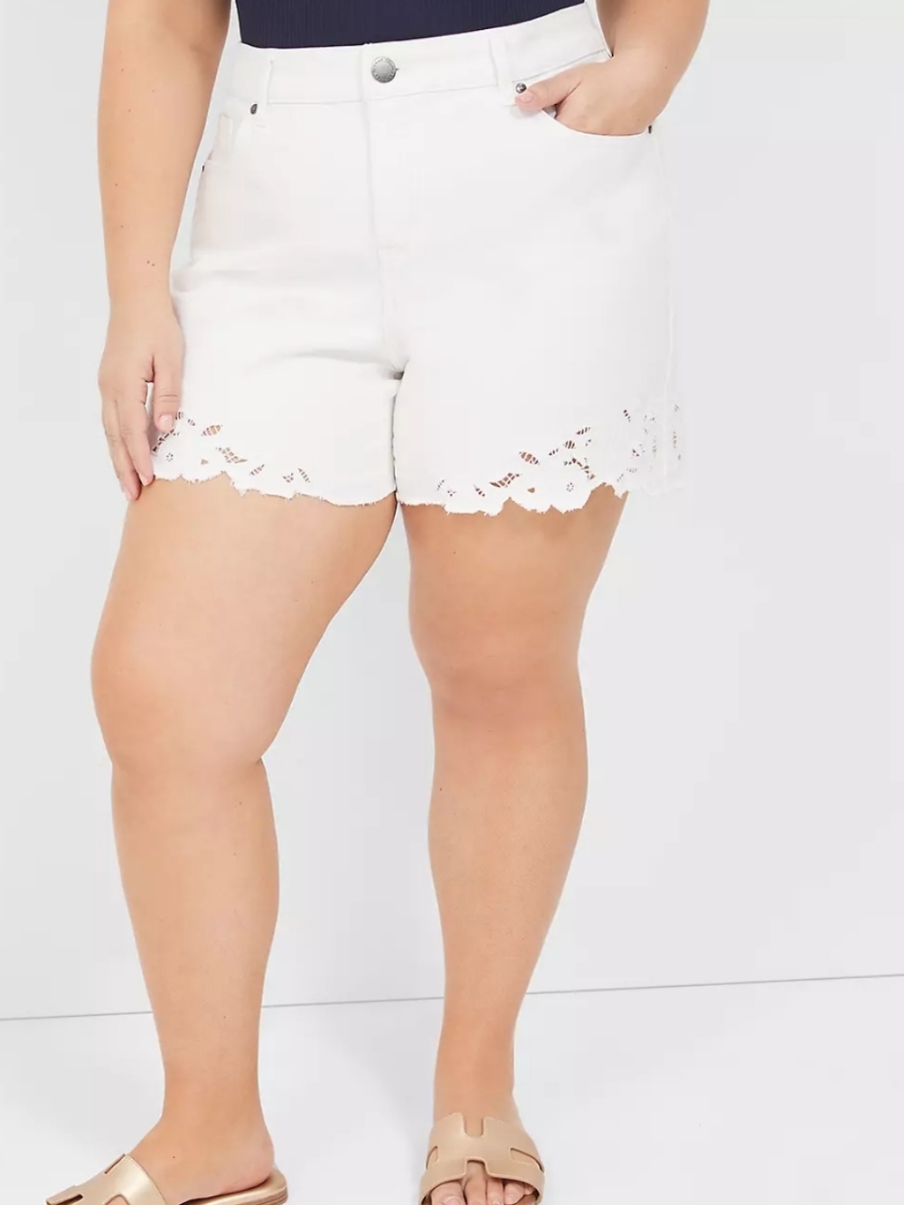 Lane Bryant Mid-rise White Stretch Boyfriend Denim Doiley Hem Shorts 14